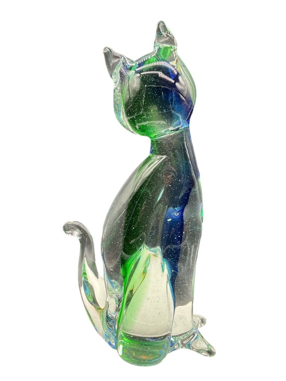 Hand-Blown Art Glass Cat w/ Sommerso Style Blue & Green Clear Bottom Heavy Glass - Picture 3 of 5